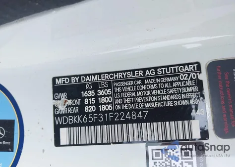 2001 Mercedes-Benz Slk 320 from USA, damaged, VIN WDBKK65F31F224847